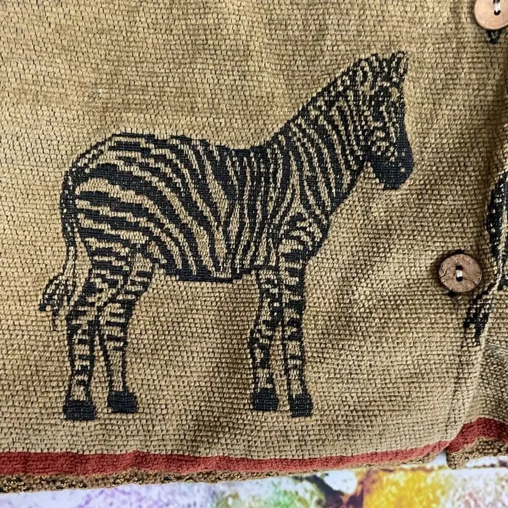 Dressbarn Safari Zebra Theme Tapestry Button Front Vest Corduroy Back Size Large